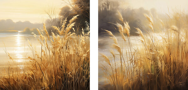 Painting of a river and a field of grass Painting of a river and a field of grass