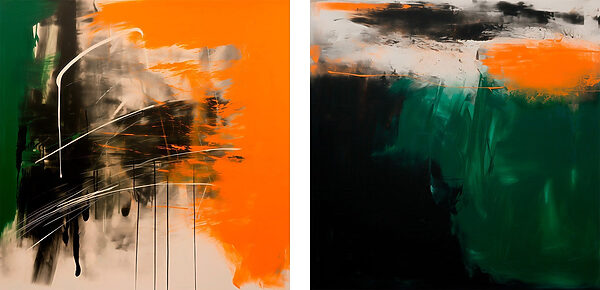 Two art pieces of orange and black Two art pieces of orange and black