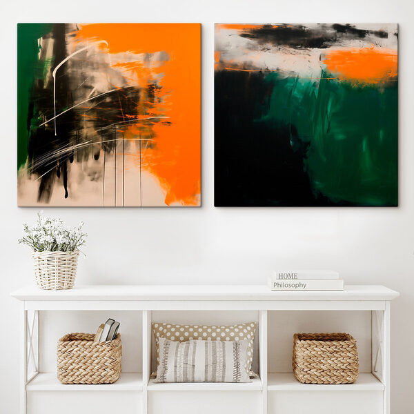 Two art pieces of orange and black Two art pieces of orange and black