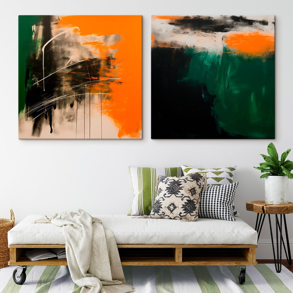 Two art pieces of orange and black Two art pieces of orange and black