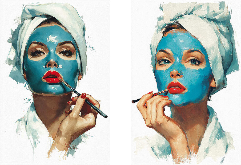 Collage of a woman applying a blue mask Collage of a woman applying a blue mask