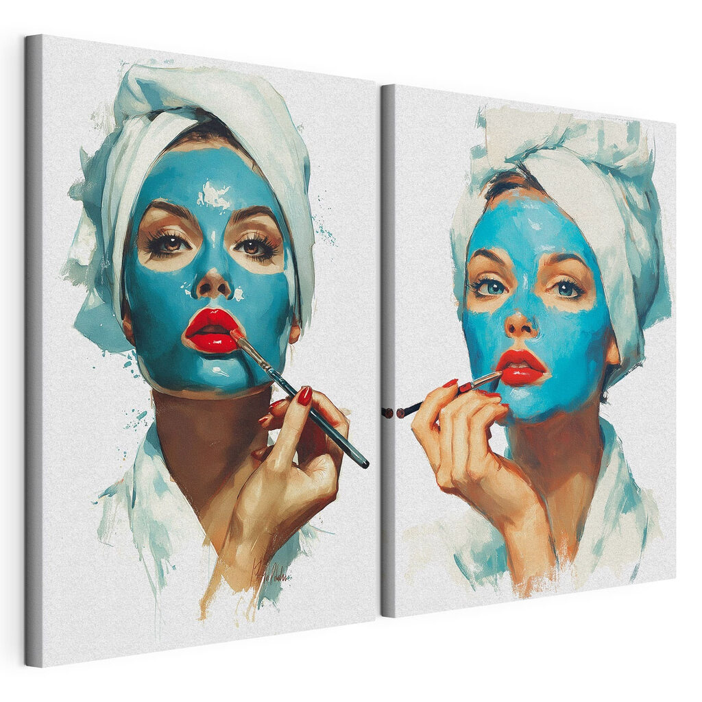 Collage of a woman applying a blue mask Collage of a woman applying a blue mask
