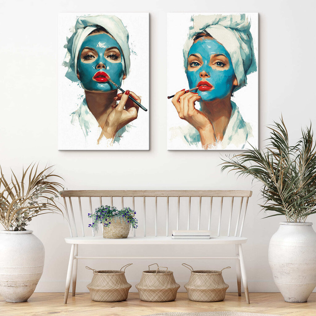 Collage of a woman applying a blue mask Collage of a woman applying a blue mask