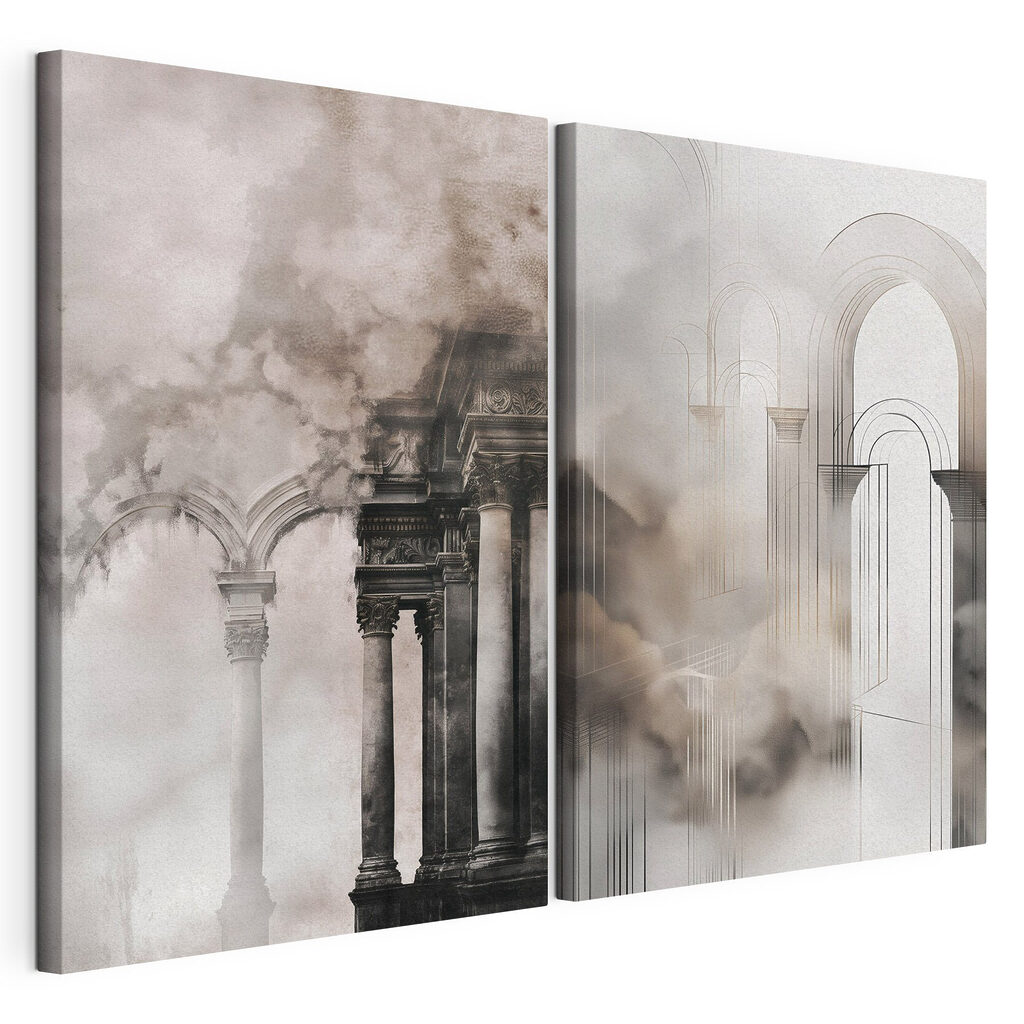 Collage of a building with columns and smoke Collage of a building with columns and smoke