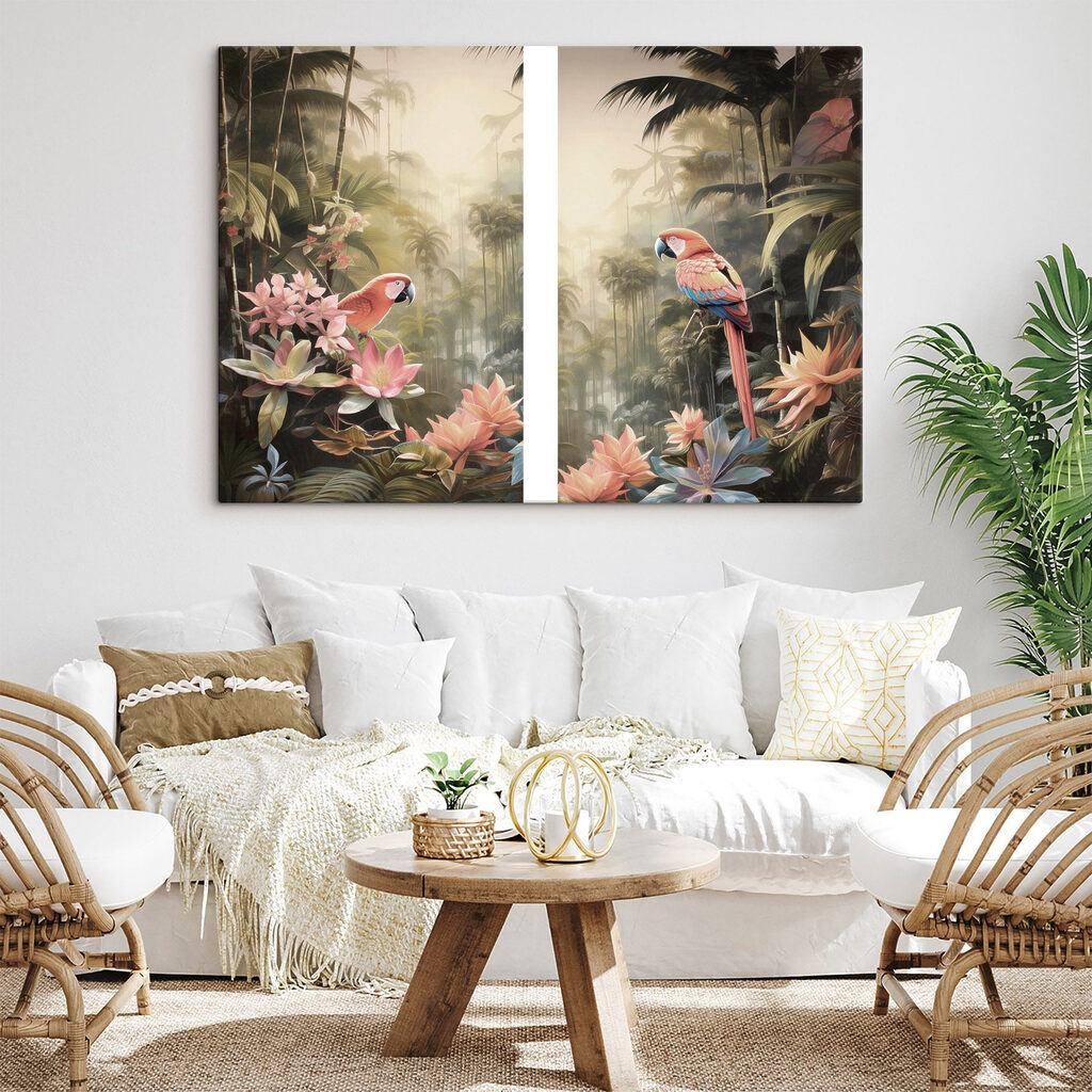 Couple of parrots on a tree branch in a forest Couple of parrots on a tree branch in a forest