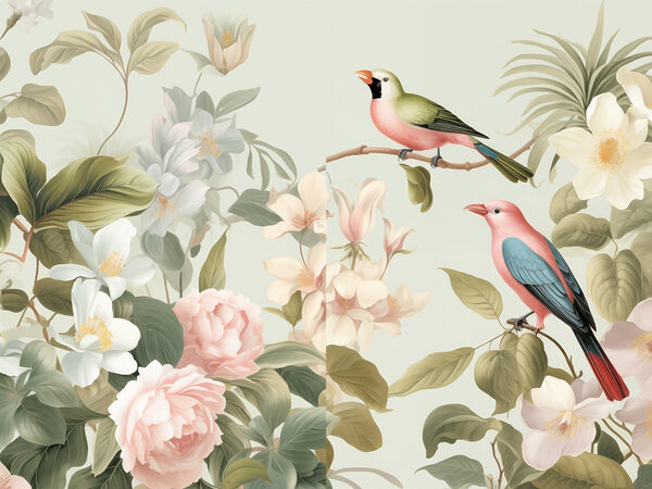 Couple of birds on a branch with flowers Couple of birds on a branch with flowers