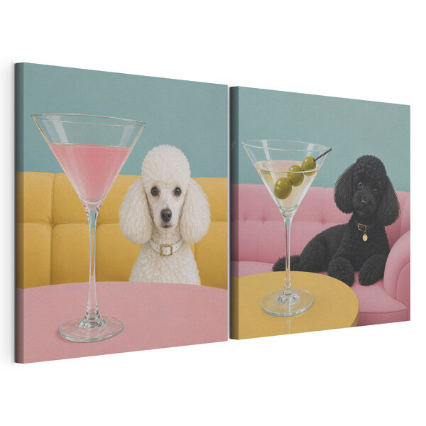 Pies siedzący przy stole z kieliszkiem martini Modułowy wydruk na płótnie Pies siedzący przy stole z kieliszkiem martini