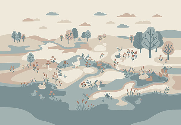 Landscape with ducks and trees