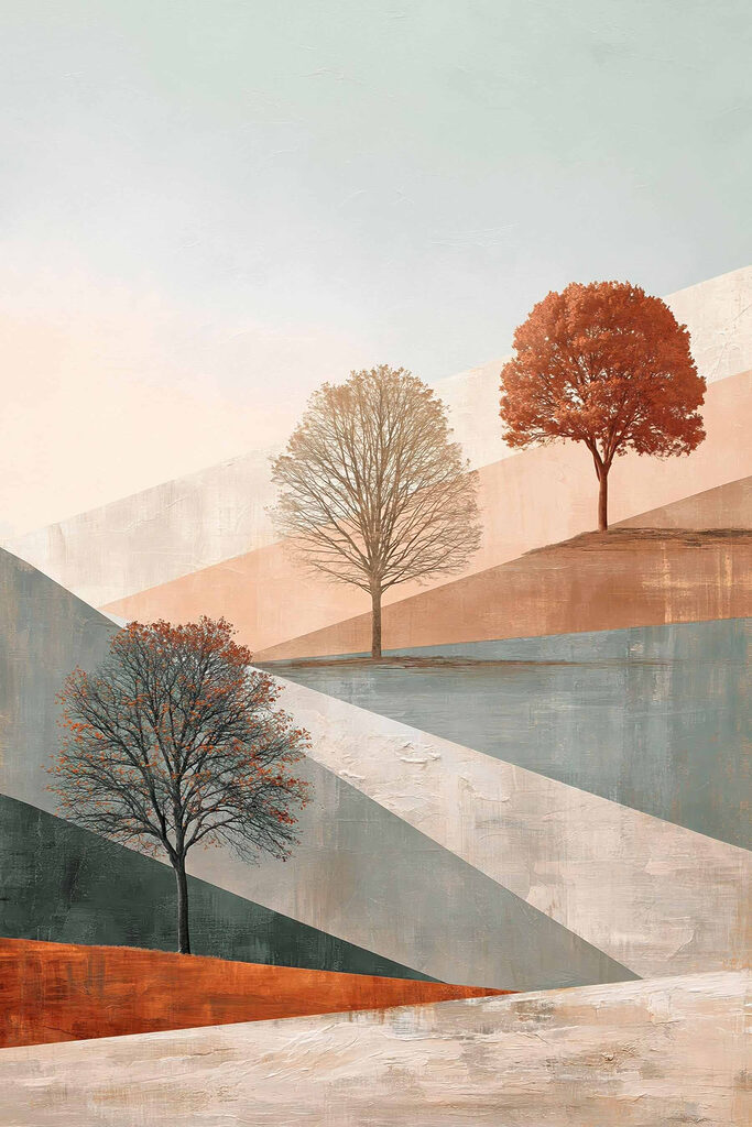 Painting of trees on a hill