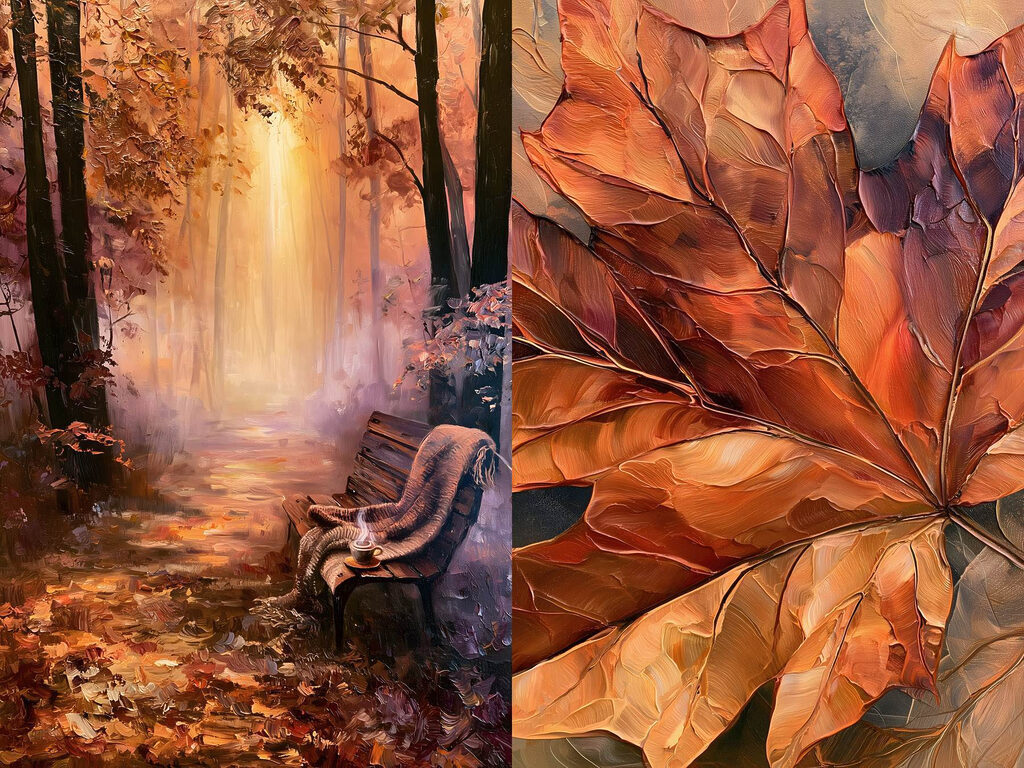 Painting of a bench and a leaf Painting of a bench and a leaf