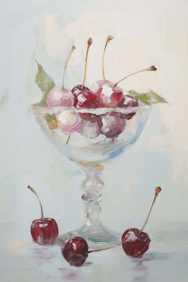 Painting of cherries in a glass Painting of cherries in a glass