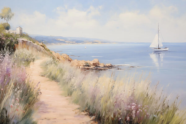 Path leading to a body of water with a sailboat