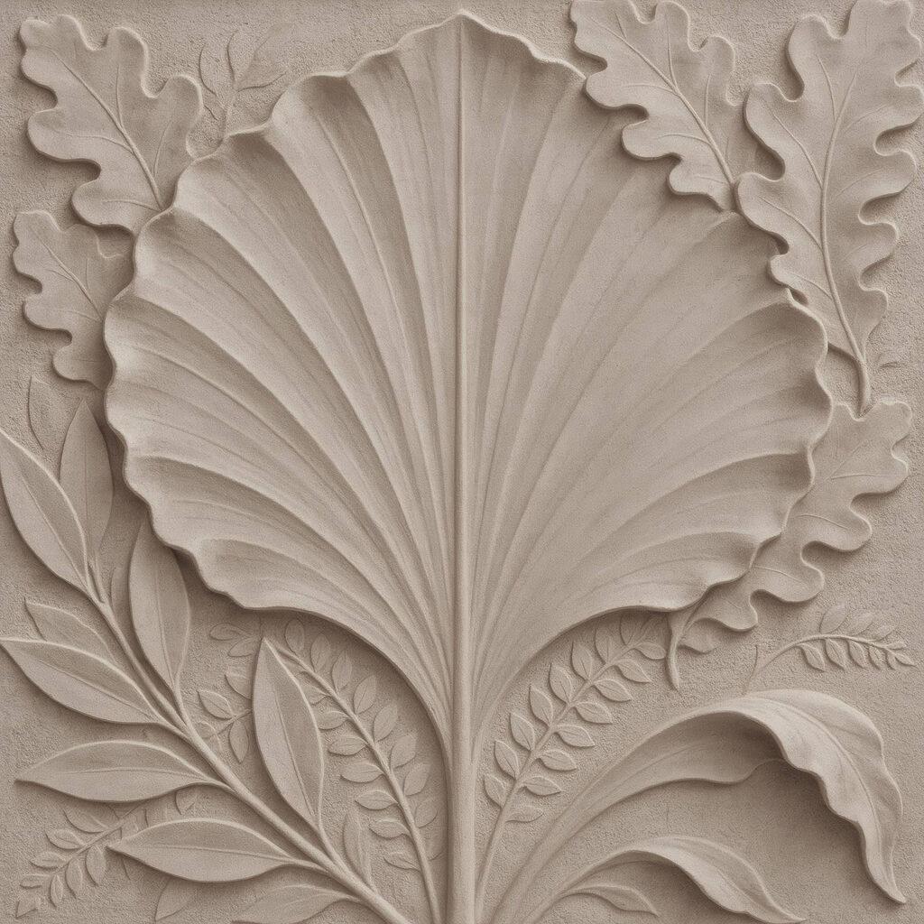 Stone carving of a leaf and leaves