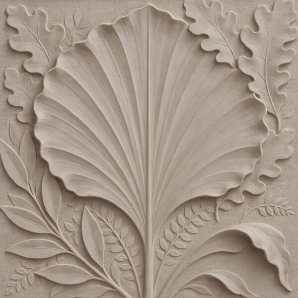 Stone carving of a leaf and leaves