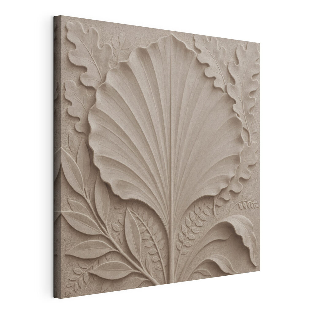 Stone carving of a leaf and leaves