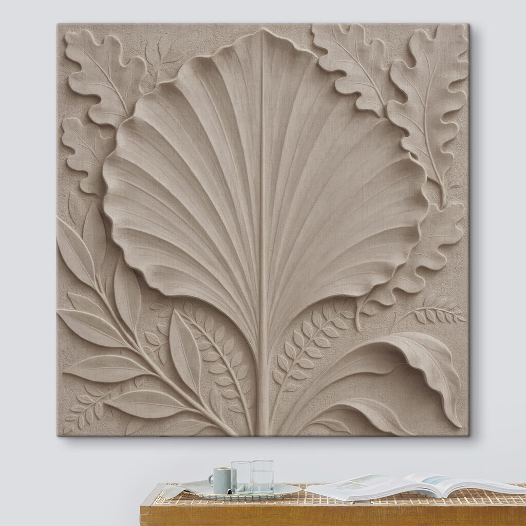 Stone carving of a leaf and leaves