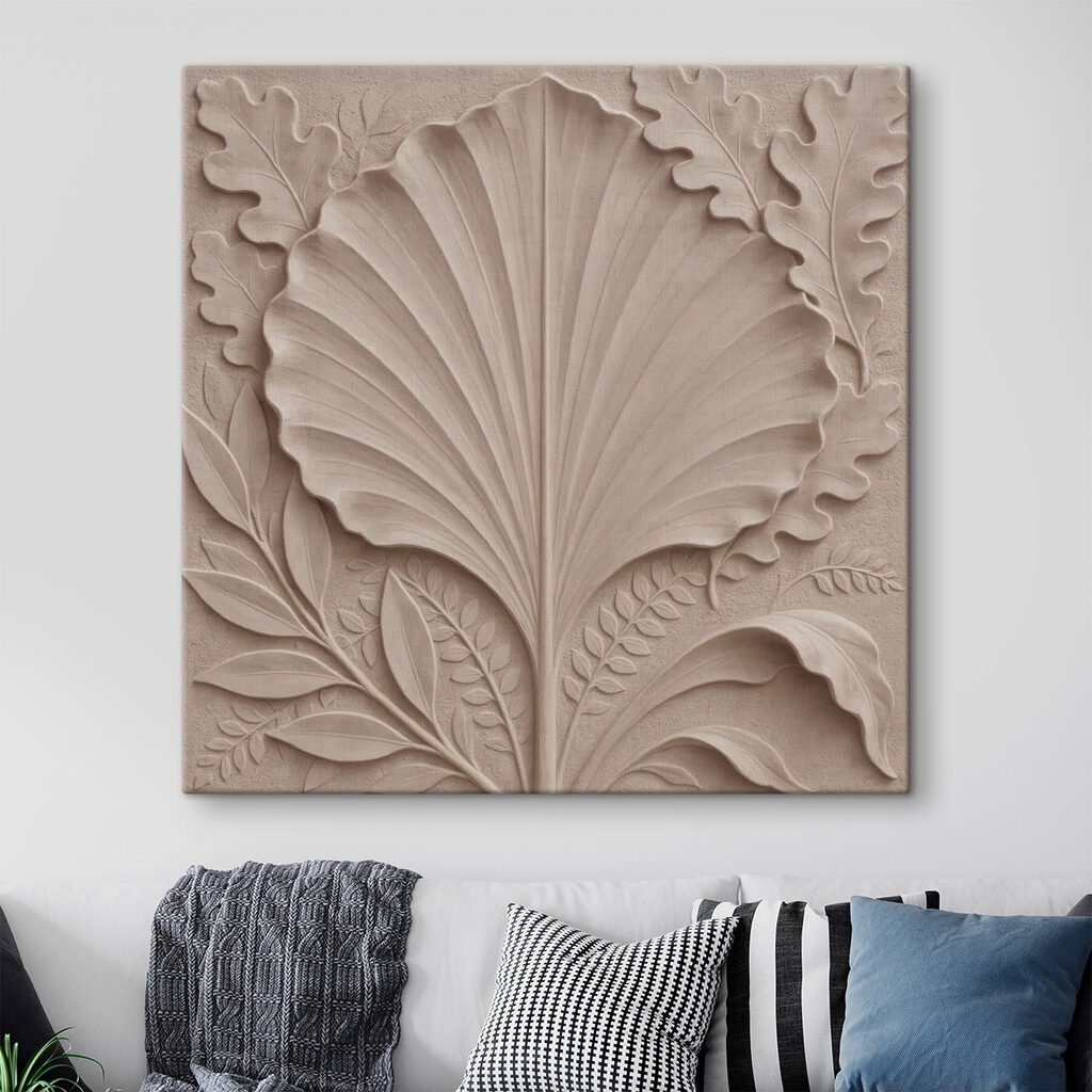 Stone carving of a leaf and leaves