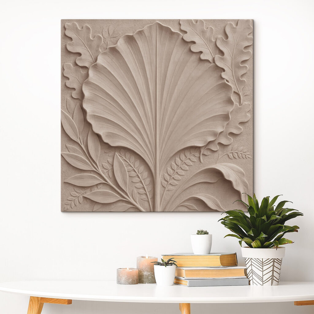 Stone carving of a leaf and leaves