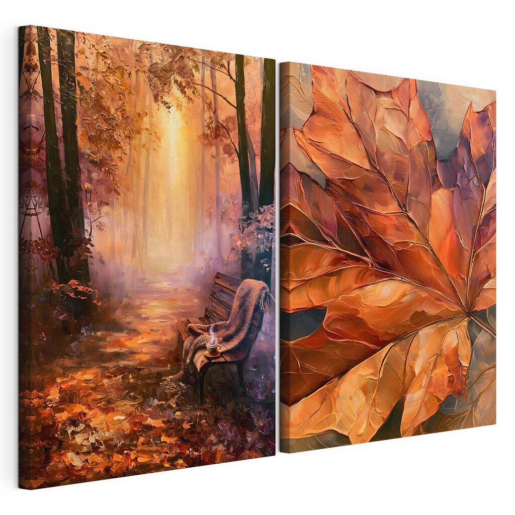Painting of a bench and a leaf Painting of a bench and a leaf