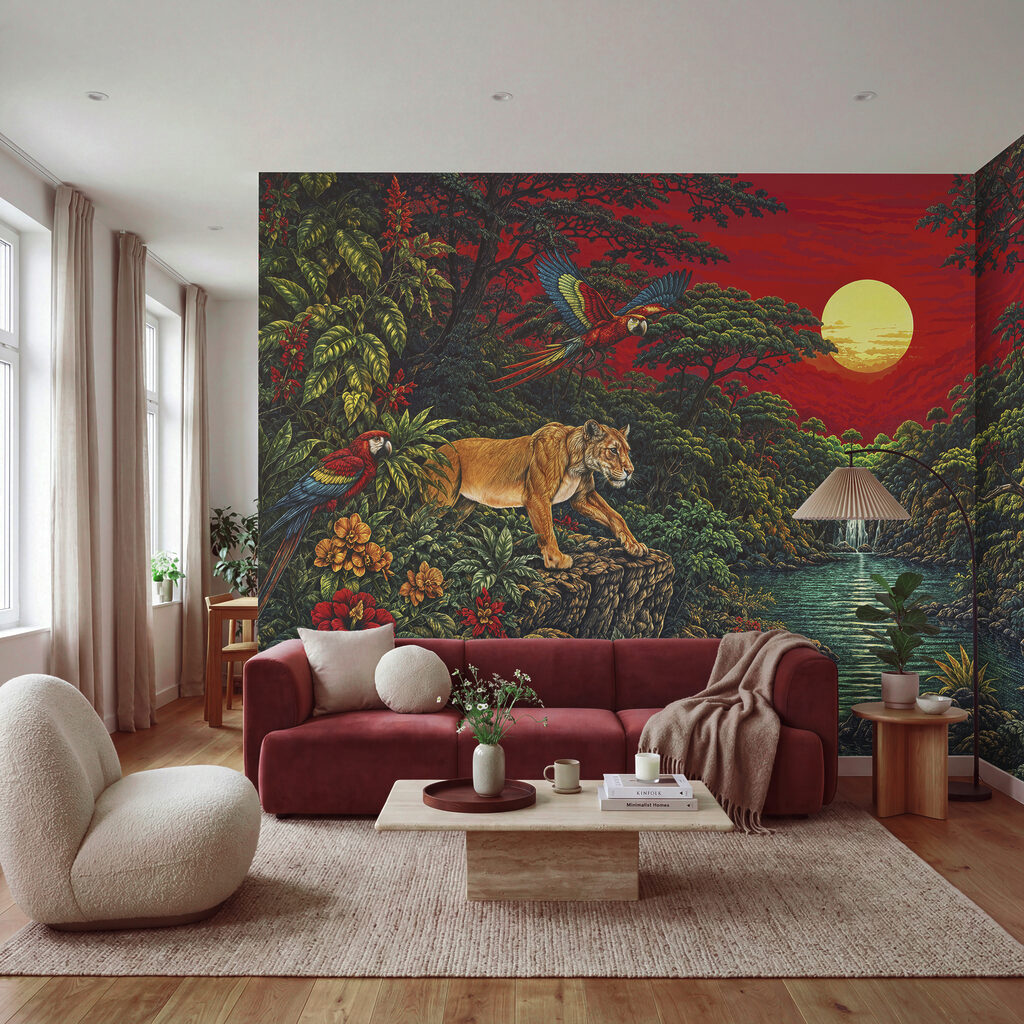 Obraz przedstawiający rzekę z wodospadem i tygrysem Obraz przedstawiający rzekę z wodospadem i tygrysem