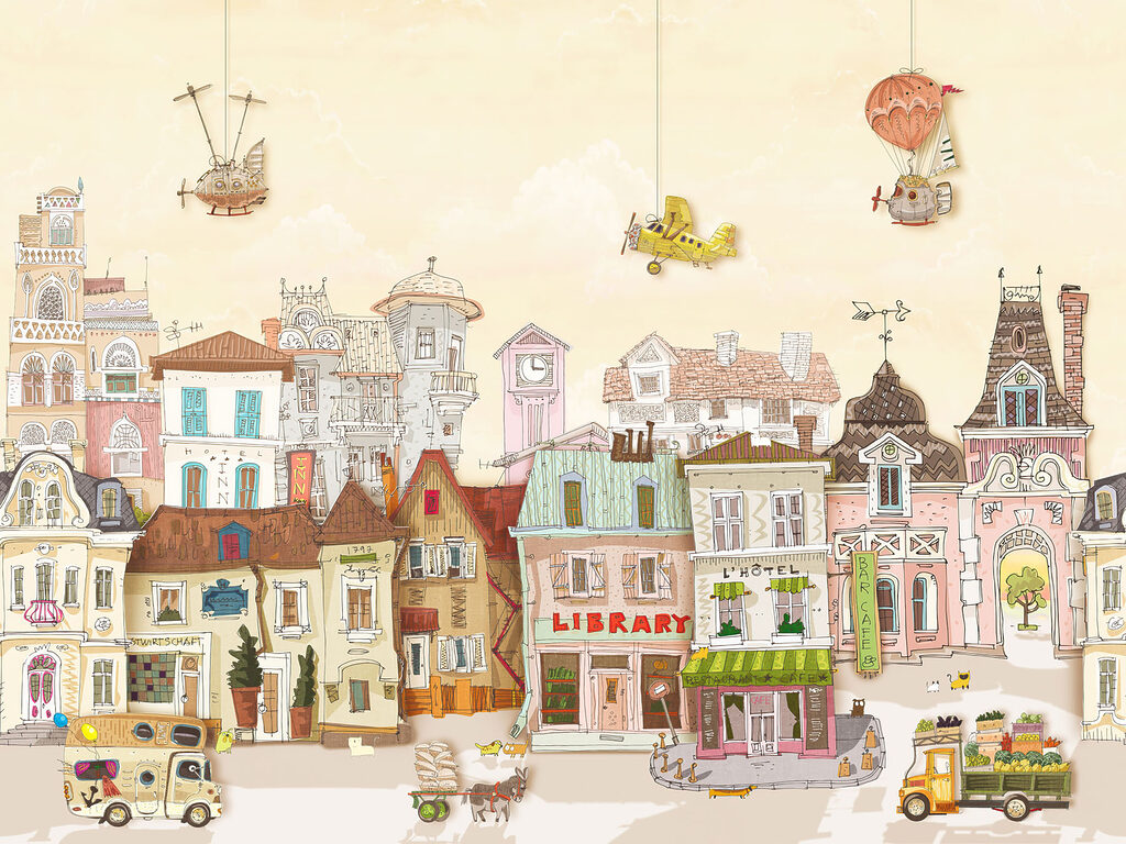 Cartoon city with buildings and cars Cartoon city with buildings and cars