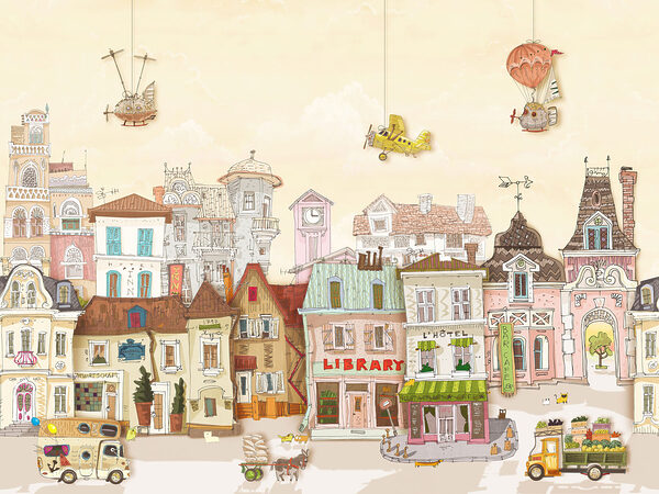 Cartoon city with buildings and cars Cartoon city with buildings and cars