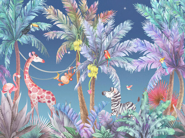 Giraffe and zebra in a jungle