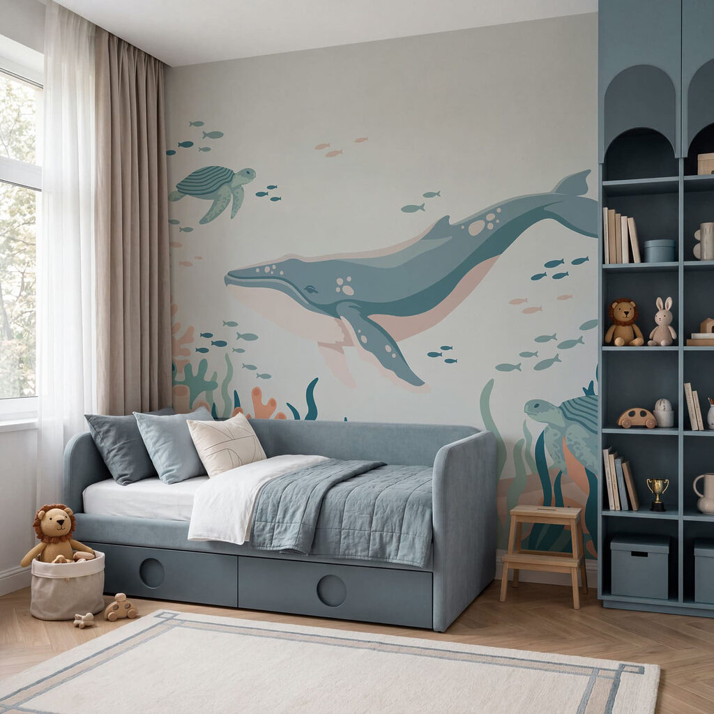 Fototapeta Wieloryb i żółw pływające w oceanie (SKU: t01074) Fototapeta Wieloryb i żółw pływające w oceanie (SKU: t01074)