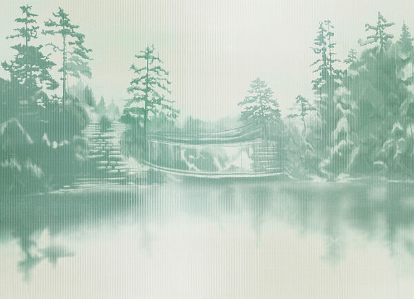 Fototapeta Zaspany krajobraz z drzewami i zbiornikiem wodnym (SKU: t01117)